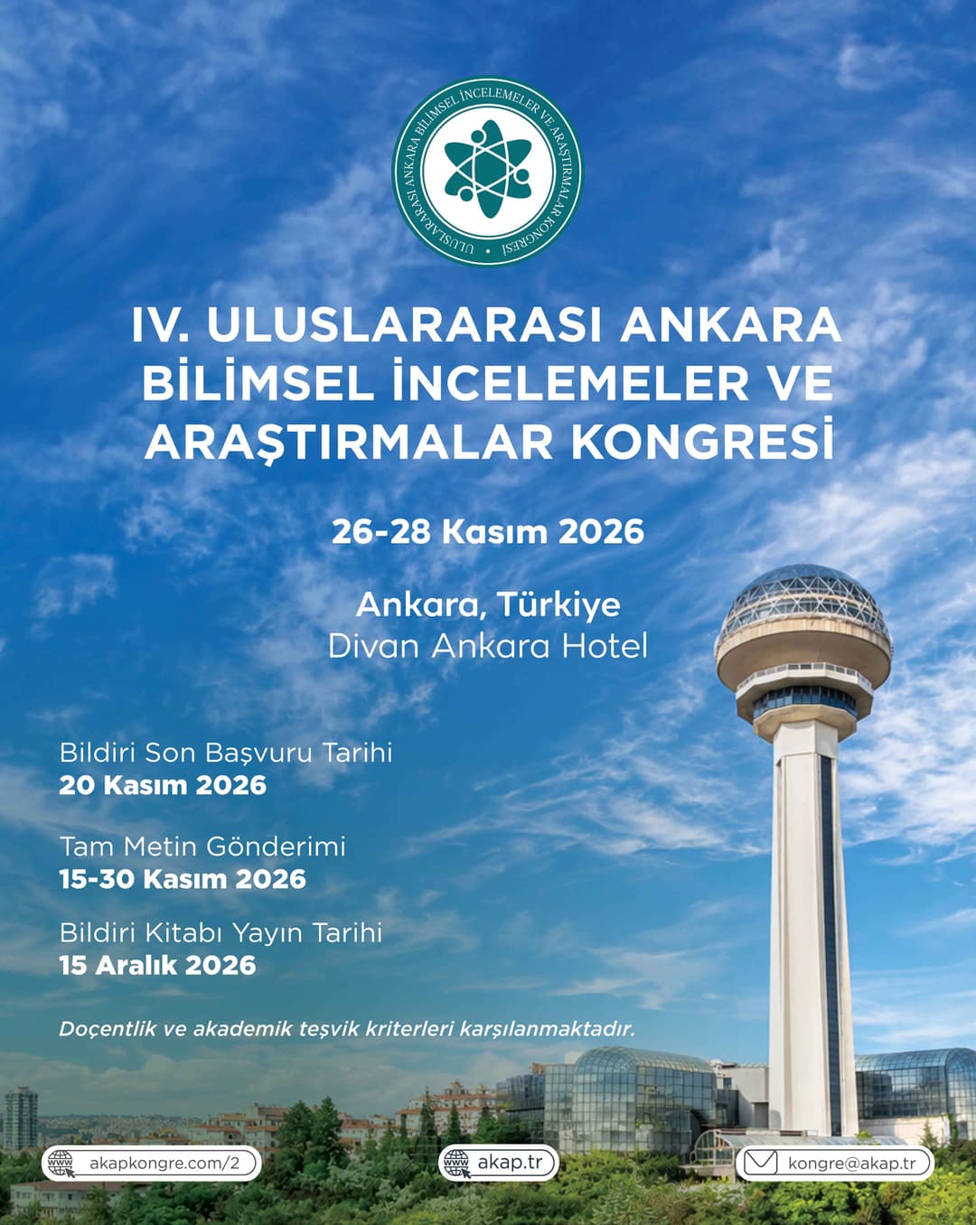 IV. Uluslararası Ankara Bilimsel İncelemeler ve Araştırmalar Kongresi; sosyal bilimler, fen bilimleri, mühendislik, sağlık bilimleri ve eğitim bilimleri başta olmak üzere farklı akademik alanlardan yürütülen güncel ve özgün araştırmaların sunulmasına ve tartışılmasına olanak sağlayan uluslararası nitelikli bir bilimsel etkinliktir. Kongre, farklı disiplinlerden araştırmacıları ortak bir akademik zeminde buluşturarak bilimsel etkileşimi ve bilgi paylaşımını güçlendirmeyi amaçlamaktadır.    Kongre kapsamında sunulan tüm bildiriler, bilimsel etik ilkeler ve akademik kalite standartları doğrultusunda hakemli değerlendirme sürecinden geçirilmektedir. Bildirilerin özgünlüğü, yöntemsel yeterliliği ve bilimsel katkı düzeyi titizlikle incelenmekte; kabul edilen çalışmalar ISBN’li bildiri kitaplarında yayımlanarak kalıcı bir akademik kaynak hâline getirilmektedir. Bu süreç, katılımcıların akademik görünürlüğünü artırırken bilimsel literatüre nitelikli katkılar sunulmasını sağlamaktadır.    Uluslararası katılıma açık olarak düzenlenen kongre, farklı ülkelerden akademisyenlerin ve araştırmacıların bir araya gelmesini teşvik etmekte; yeni akademik iş birliklerinin kurulmasına ve ortak araştırma alanlarının geliştirilmesine zemin hazırlamaktadır. Özellikle genç araştırmacılar ve lisansüstü öğrenciler için kongre, bilimsel sunum deneyimi kazanma ve uluslararası akademik çevrelerle etkileşim kurma açısından önemli bir platform sunmaktadır.    Bilimin toplumsal gelişimdeki rolünü merkeze alan kongre, eleştirel düşünceyi, araştırma kültürünü ve disiplinler arası yaklaşımı destekleyen bir akademik ortam oluşturmayı hedeflemektedir. Ankara’nın bilimsel ve akademik birikiminden güç alan bu organizasyon, ulusal ve uluslararası düzeyde bilimsel etkileşimi artırmayı ve bilimin evrensel değerleri doğrultusunda kalıcı akademik katkılar üretmeyi amaçlamaktadır.